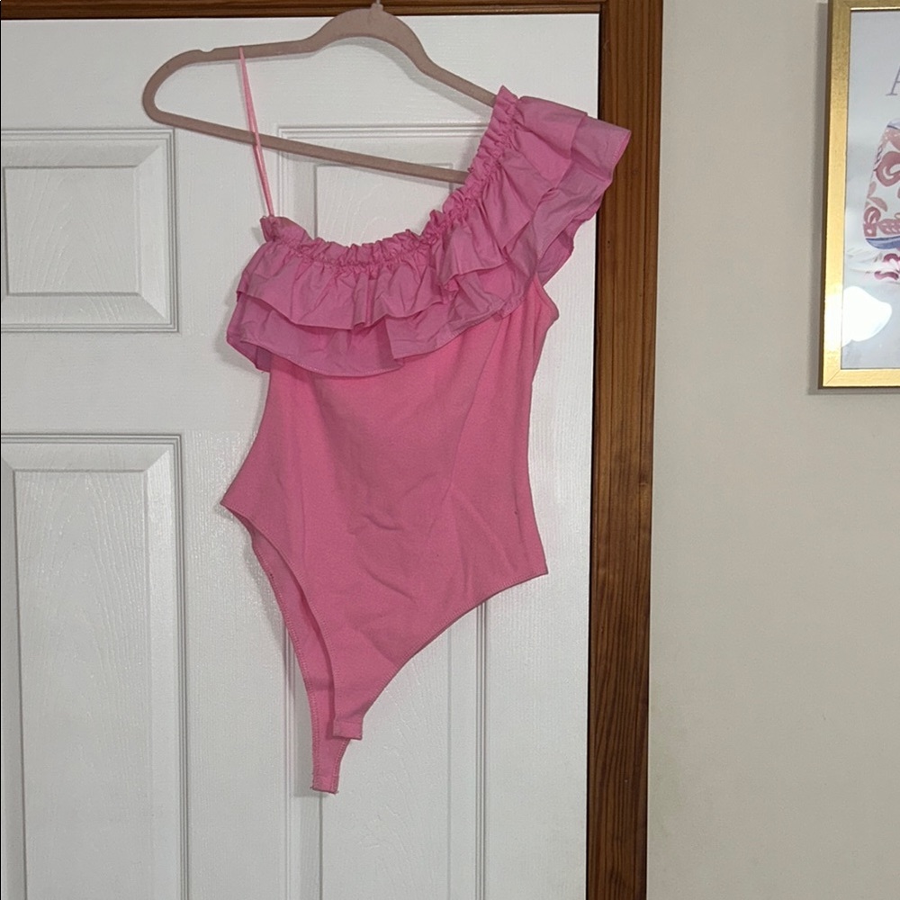 Pink One-Shoulder Ruffle bodysuit
